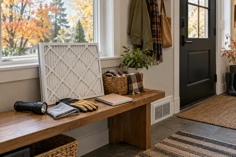Seasonal home-care station with a filter, flashlight, notebook and gloves