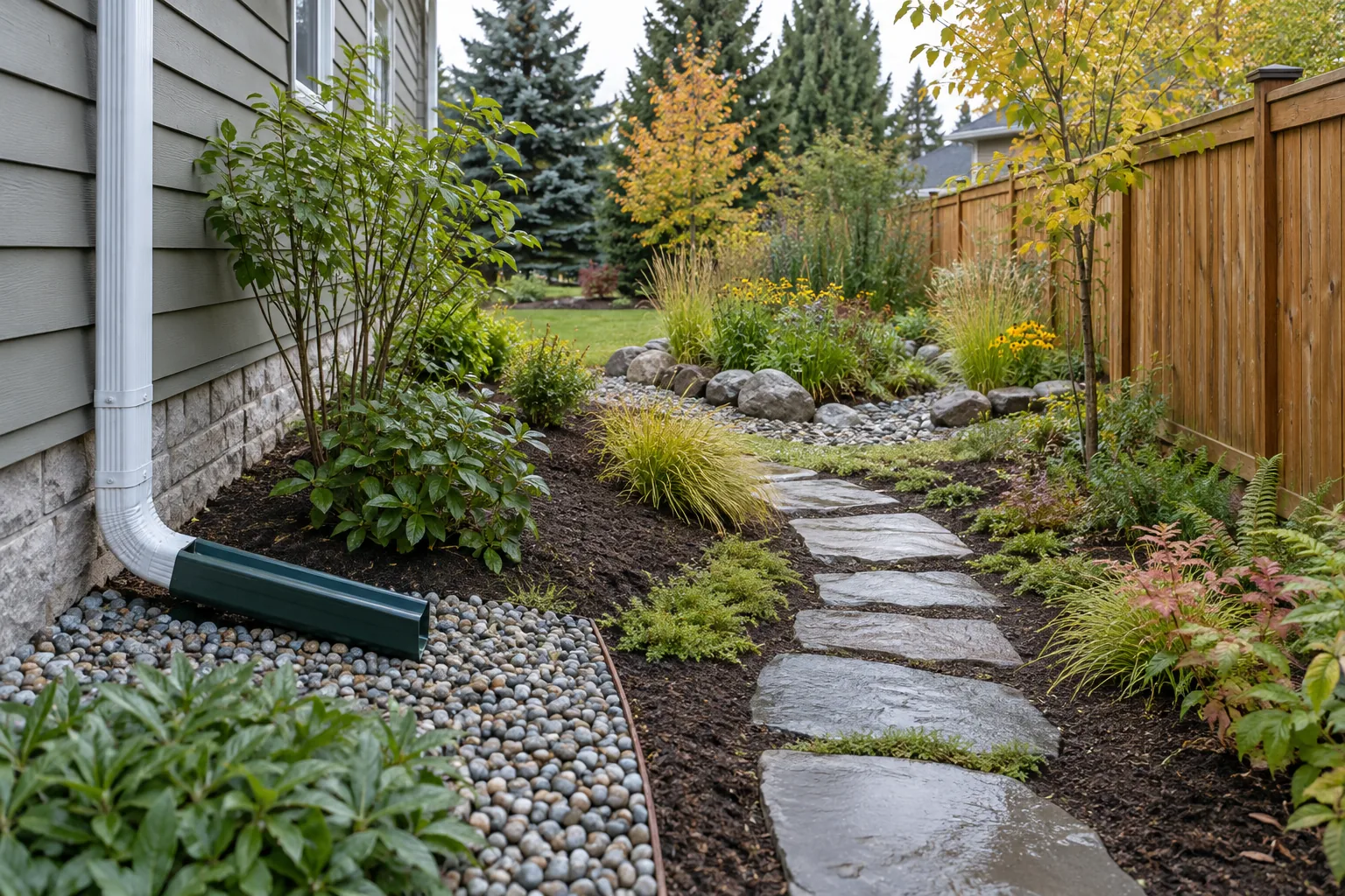 Side yard with a downspout extension, gravel drainage strip and planted rain garden