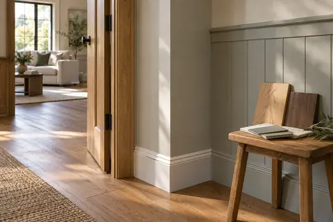 Interior doorway, wall panelling and baseboard showing carefully finished material transitions