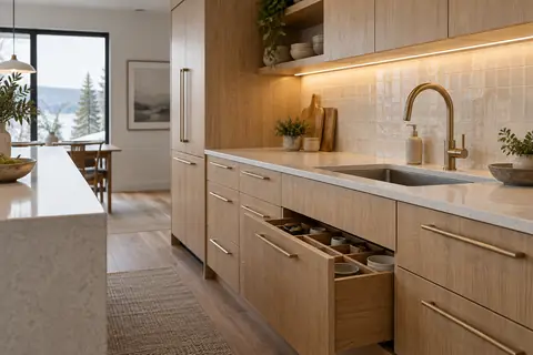 Oak kitchen cabinetry with fitted drawer storage, a tiled backsplash and warm task lighting