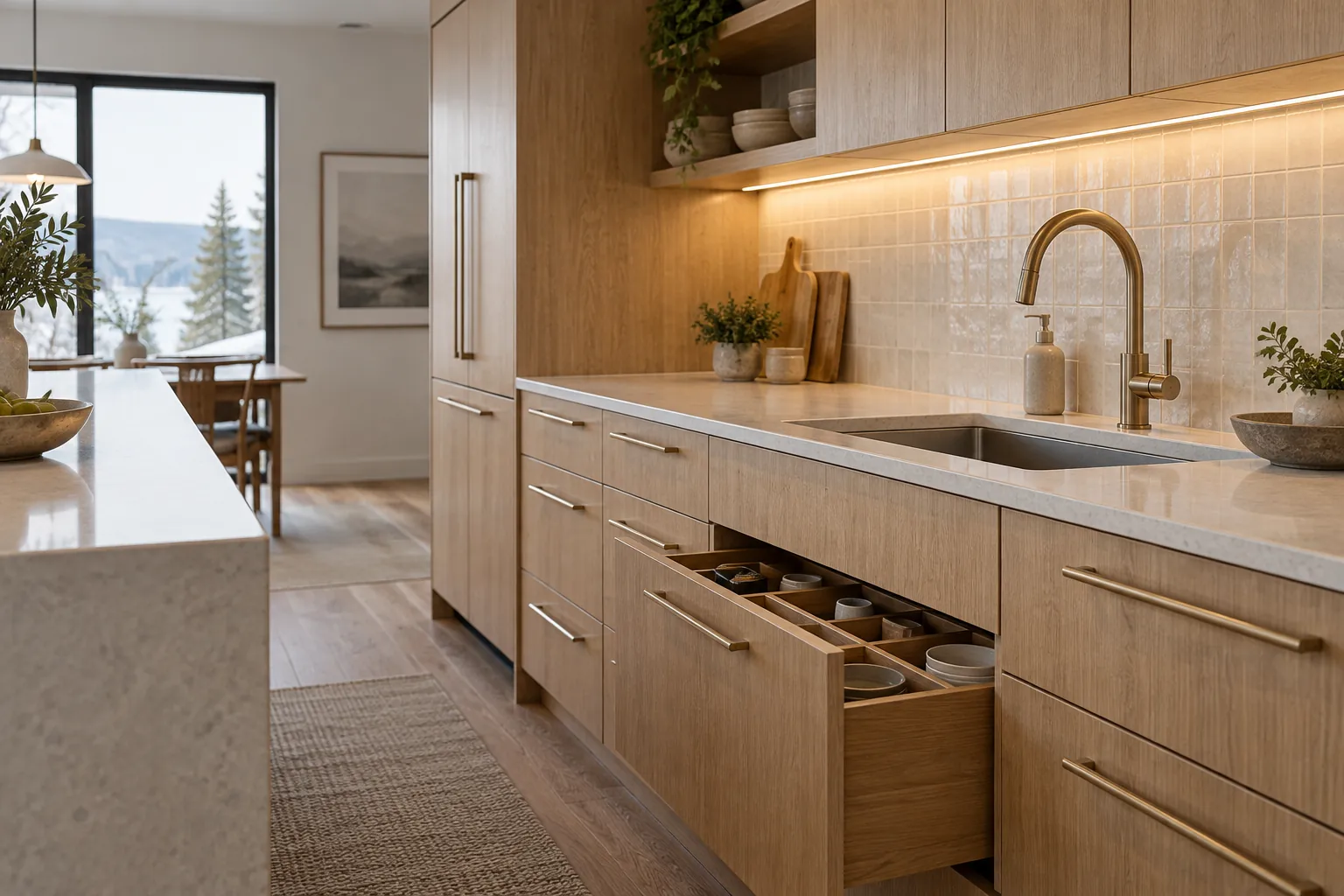Oak kitchen cabinetry with fitted drawer storage, a tiled backsplash and warm task lighting