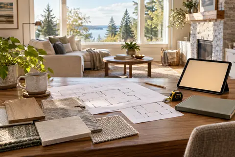 Home project-planning table with floor sketches, material samples, a notebook and measuring tape