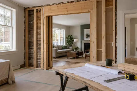 Paused interior renovation showing retained framing and a protected adjoining room