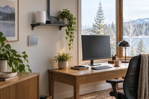 Home office with organized network equipment, routed cables and an unobtrusive control panel