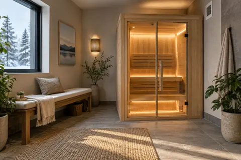 Quiet home wellness room with a sauna enclosure, resting bench and warm lighting