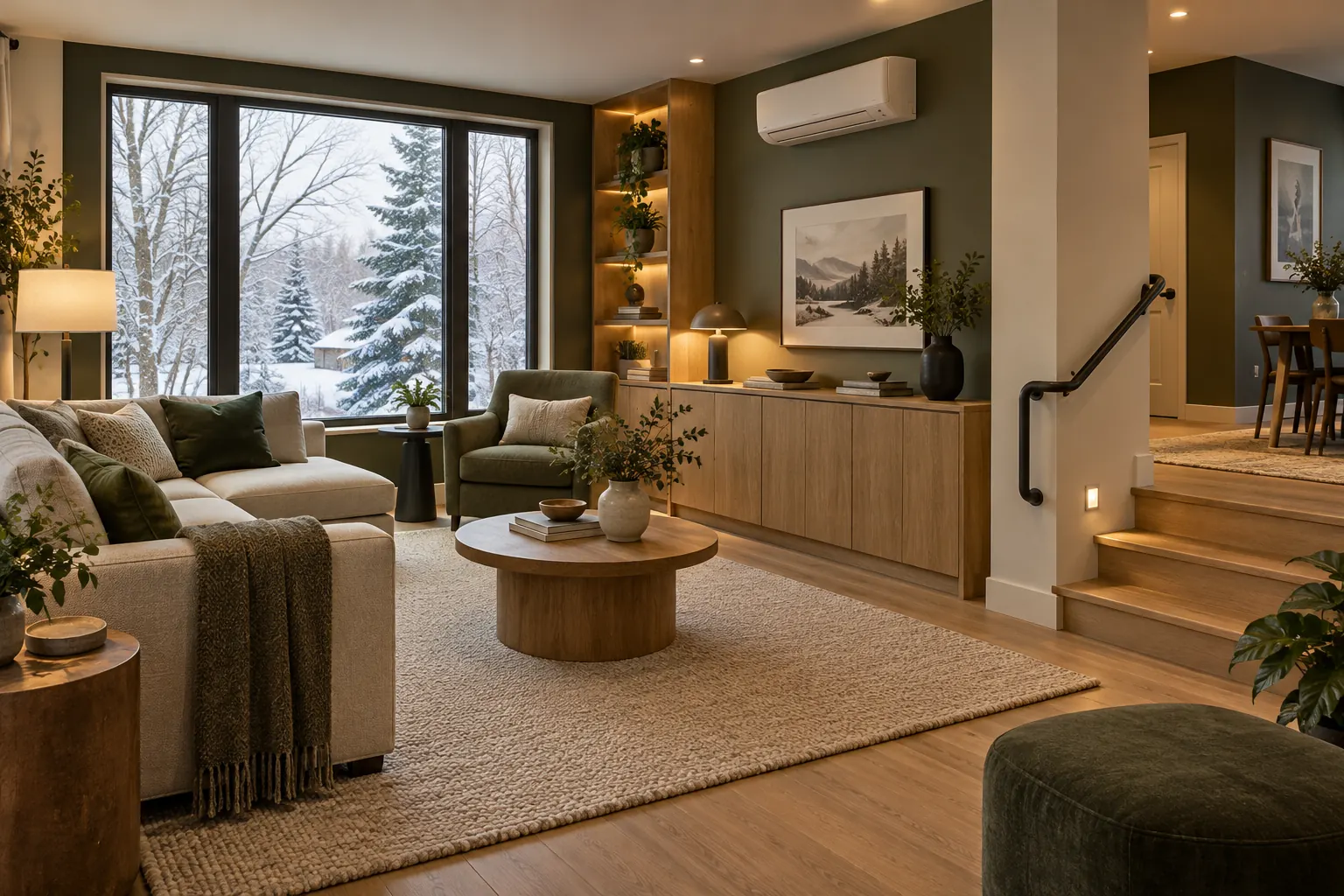 Illustrative living room planned for comfort and access